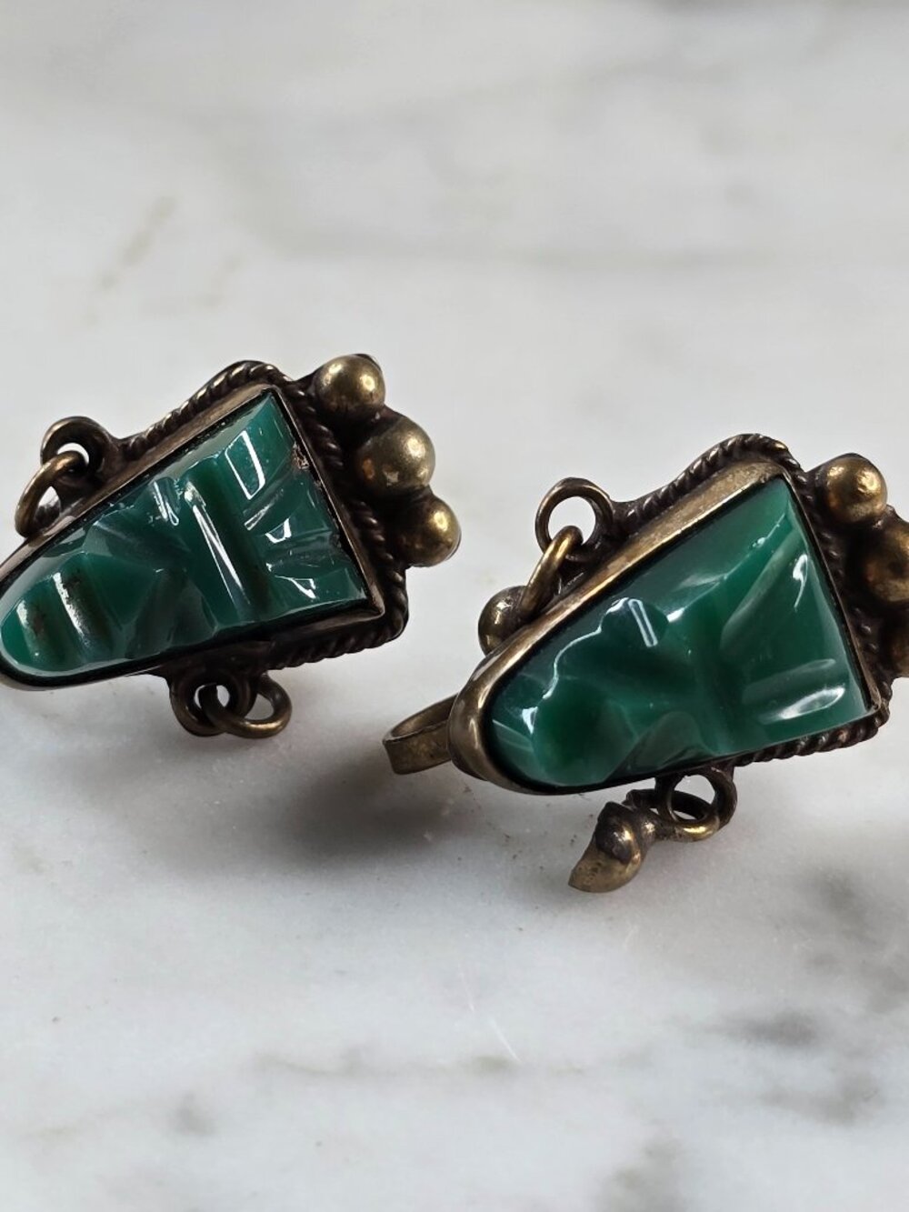 Womens Vintage Sterling Silver Green Onyx Mayan Aztec Earrings, 8.9g E3288